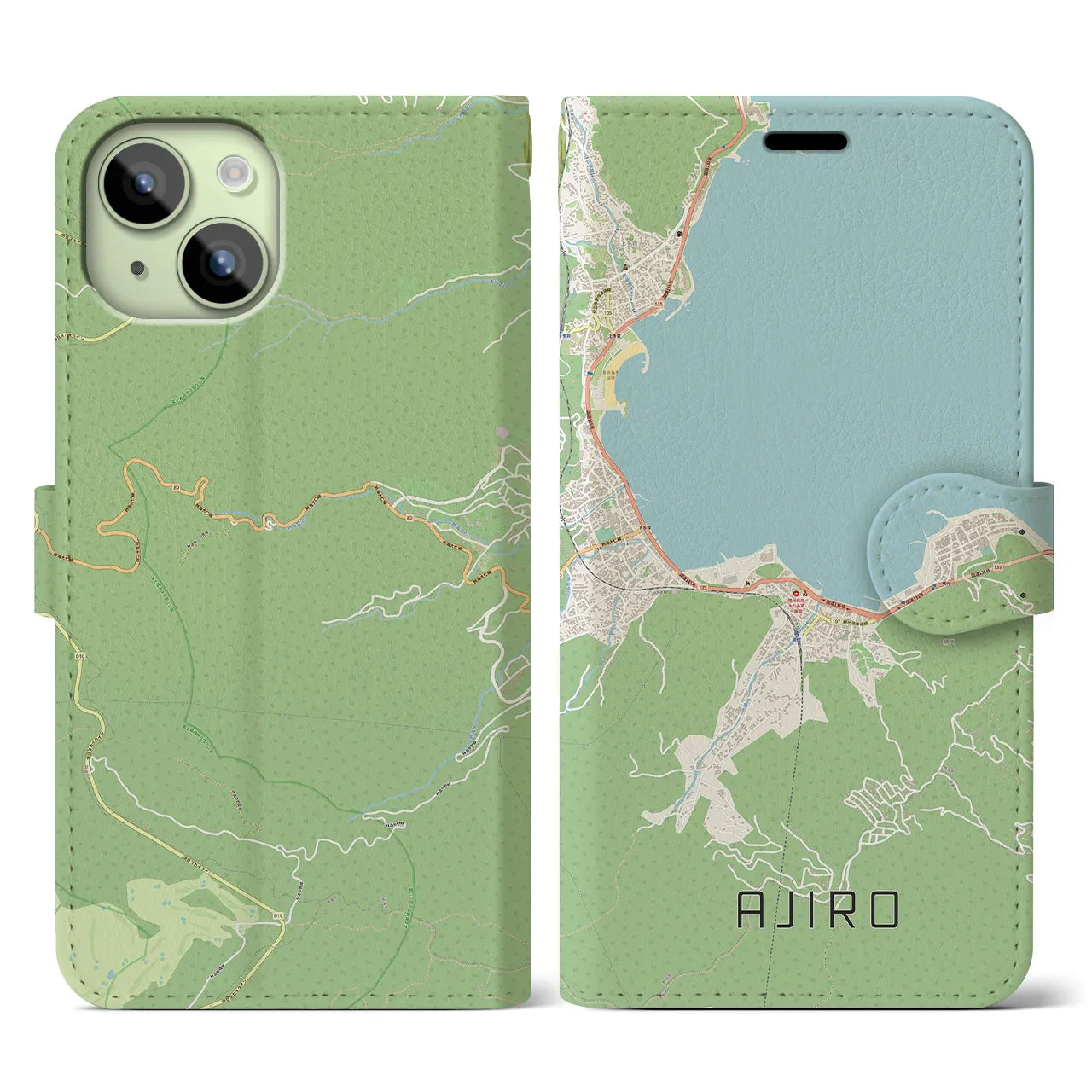 【網代(静岡県)】地図柄iPhoneケース(手帳タイプ)ナチュラル・iPhone 15 用