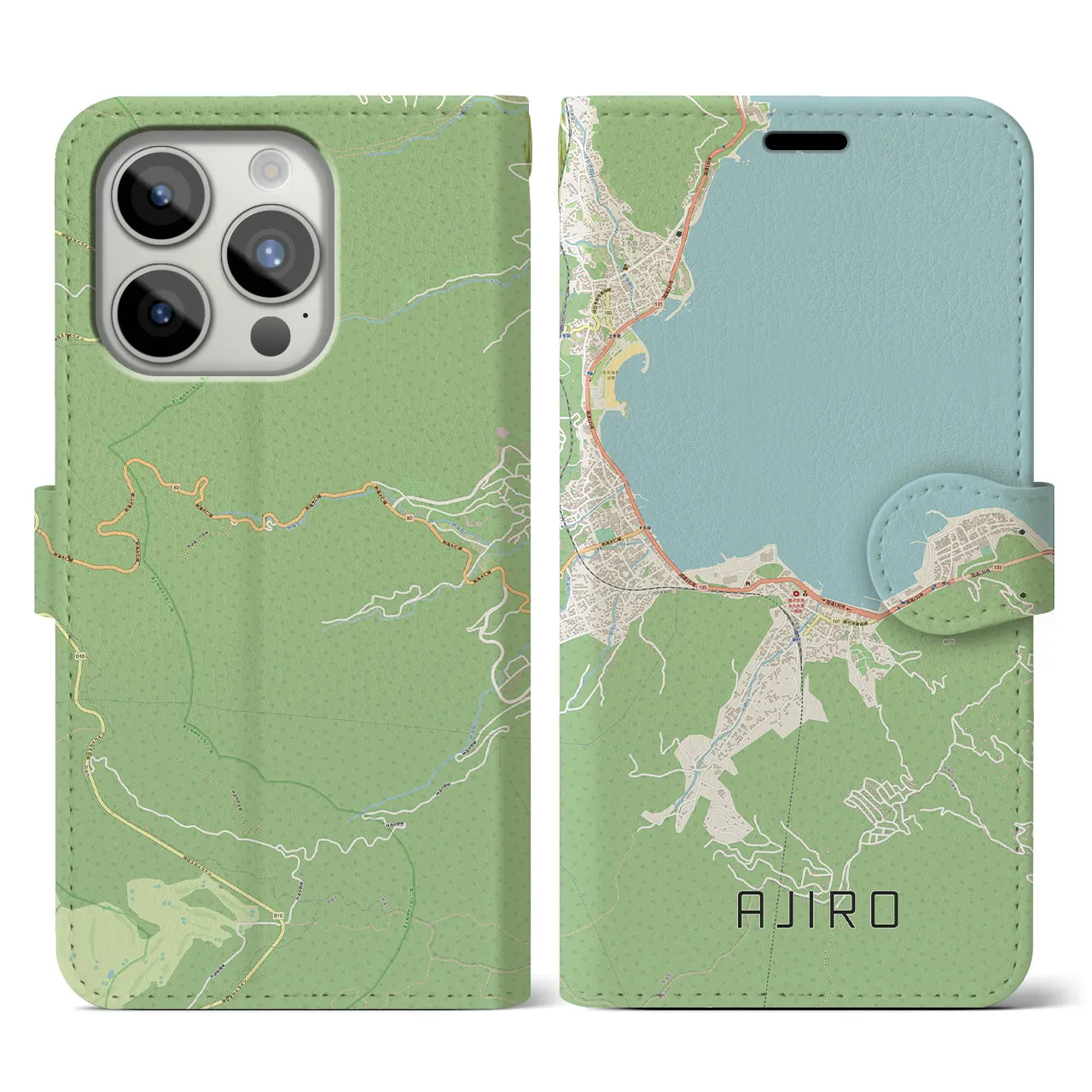 【網代(静岡県)】地図柄iPhoneケース(手帳タイプ)ナチュラル・iPhone 15 Pro 用