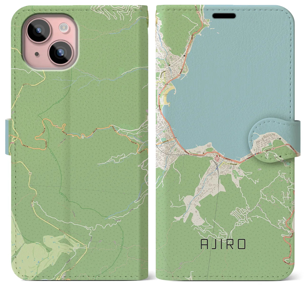 【網代(静岡県)】地図柄iPhoneケース(手帳タイプ)ナチュラル・iPhone 15 Plus 用