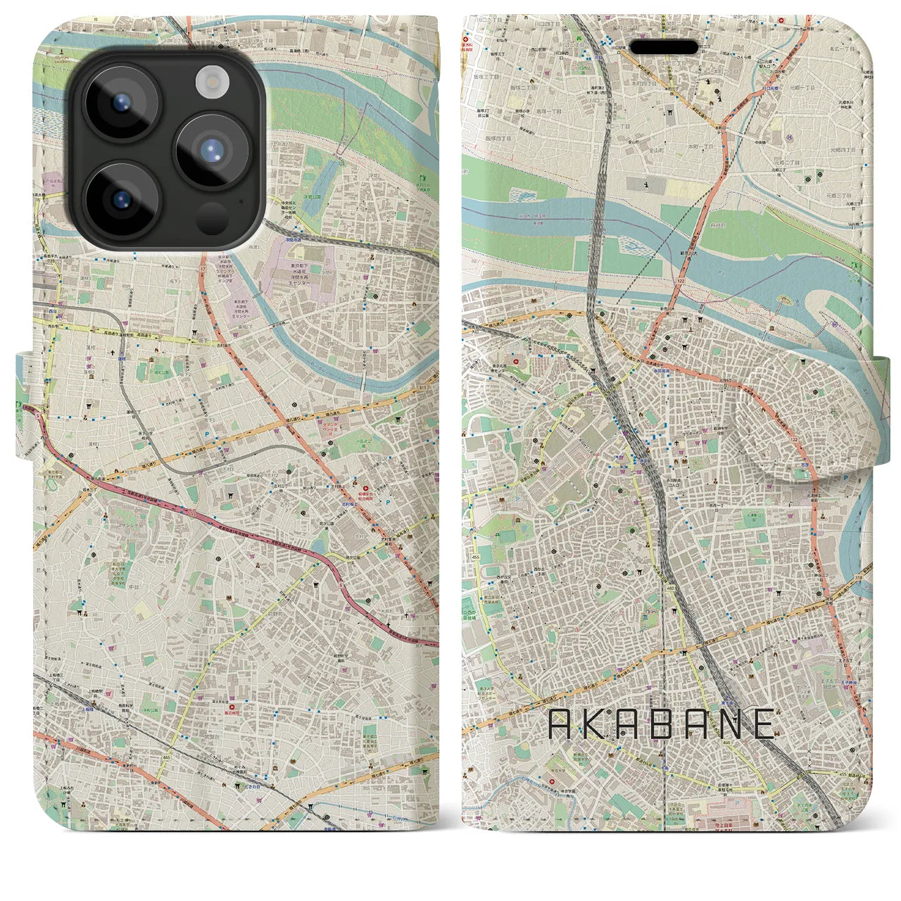 【赤羽(東京都)】地図柄iPhoneケース(手帳タイプ)ナチュラル・iPhone 15 Pro Max 用