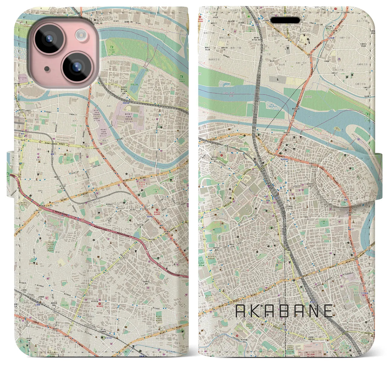 【赤羽(東京都)】地図柄iPhoneケース(手帳タイプ)ナチュラル・iPhone 15 Plus 用
