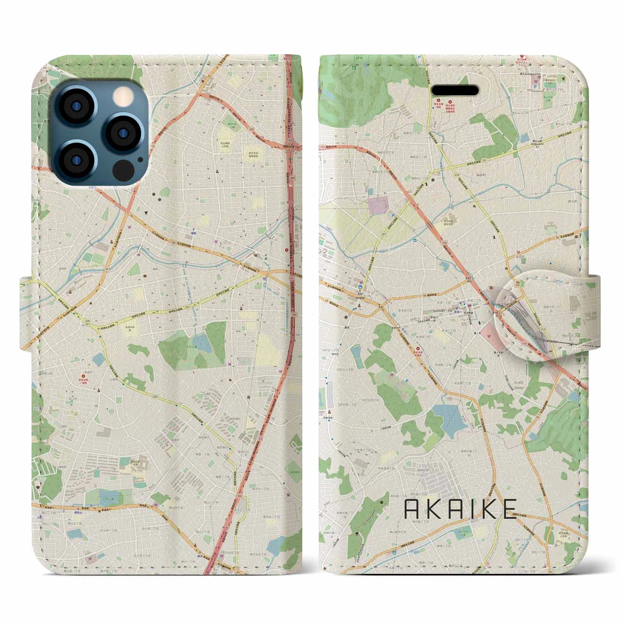 【赤池(愛知県)】地図柄iPhoneケース(手帳タイプ)ナチュラル・iPhone 12 / 12 Pro 用