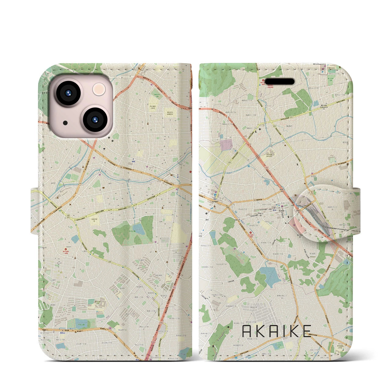 【赤池(愛知県)】地図柄iPhoneケース(手帳タイプ)ナチュラル・iPhone 13 mini 用