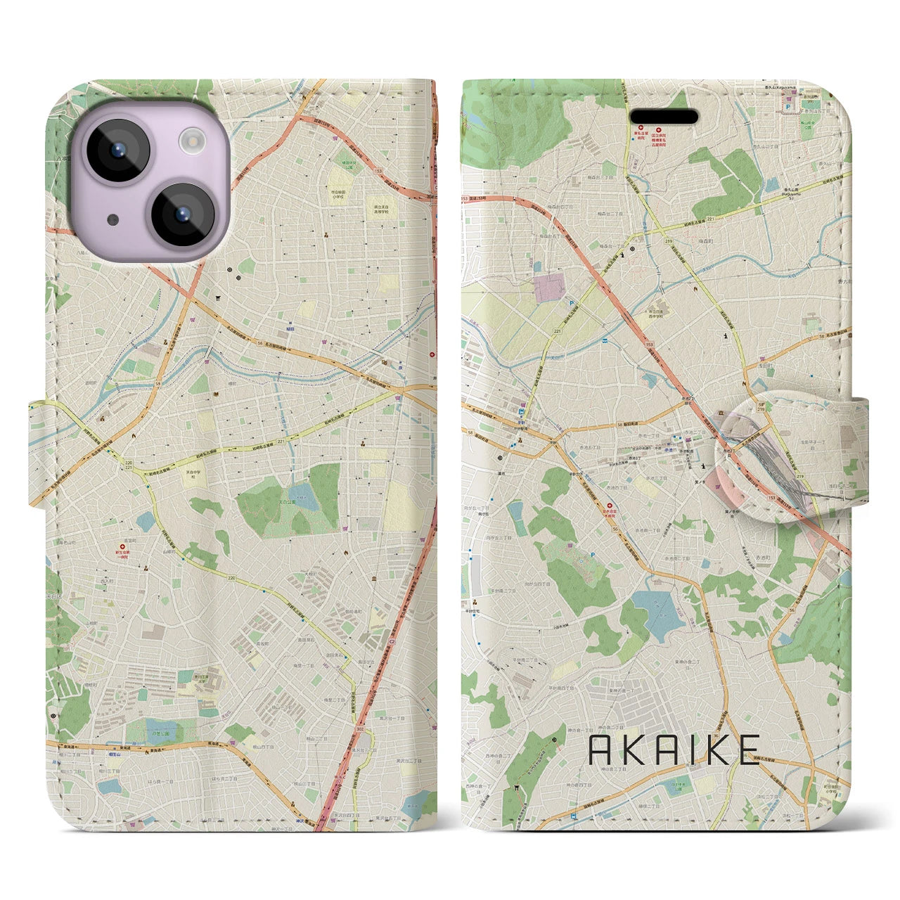 【赤池(愛知県)】地図柄iPhoneケース(手帳タイプ)ナチュラル・iPhone 14 用