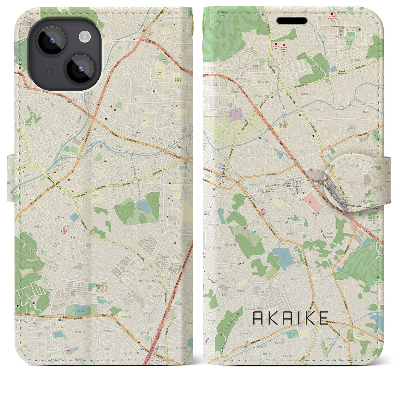 【赤池(愛知県)】地図柄iPhoneケース(手帳タイプ)ナチュラル・iPhone 14 Plus 用