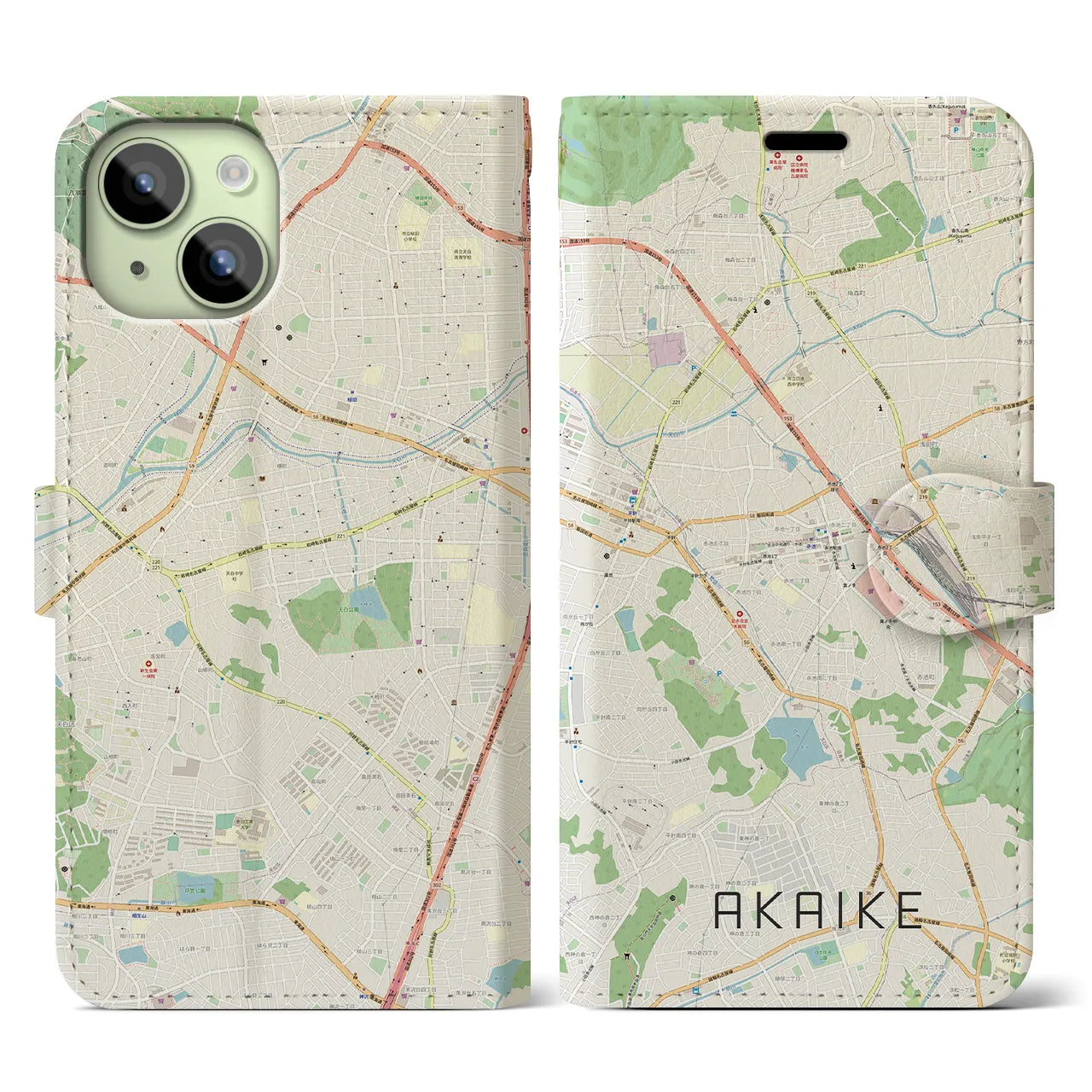 【赤池(愛知県)】地図柄iPhoneケース(手帳タイプ)ナチュラル・iPhone 15 用