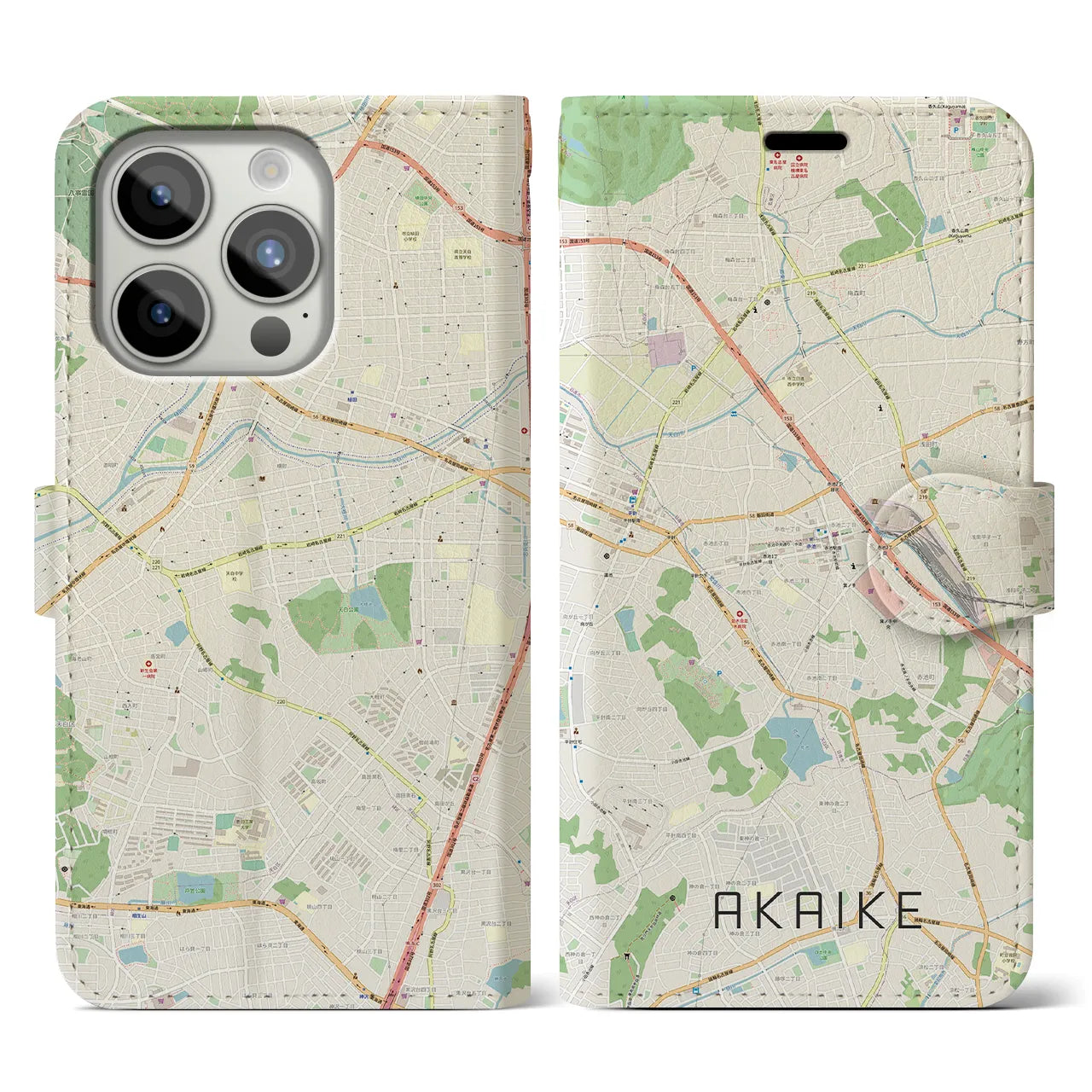 【赤池(愛知県)】地図柄iPhoneケース(手帳タイプ)ナチュラル・iPhone 15 Pro 用