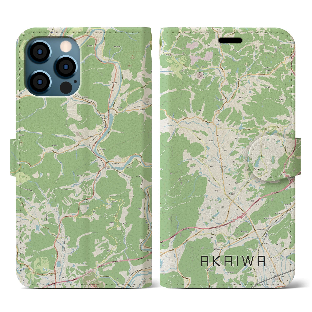 【赤磐(岡山県)】地図柄iPhoneケース(手帳タイプ)ナチュラル・iPhone 12 / 12 Pro 用