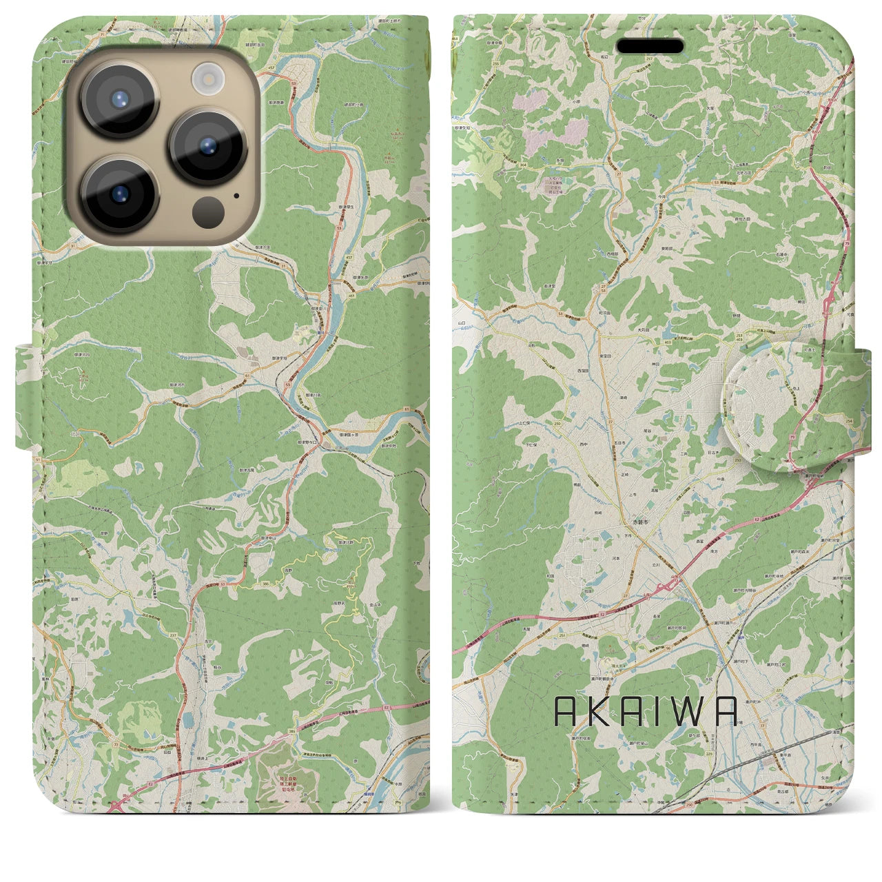 【赤磐(岡山県)】地図柄iPhoneケース(手帳タイプ)ナチュラル・iPhone 14 Pro Max 用