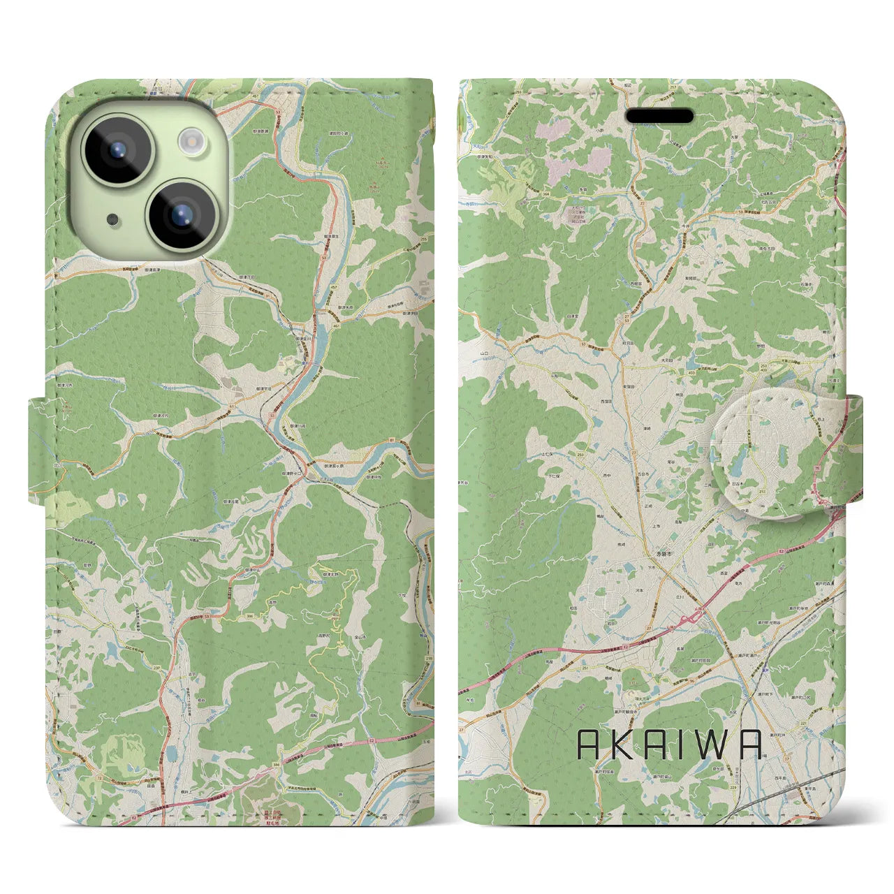 【赤磐(岡山県)】地図柄iPhoneケース(手帳タイプ)ナチュラル・iPhone 15 用