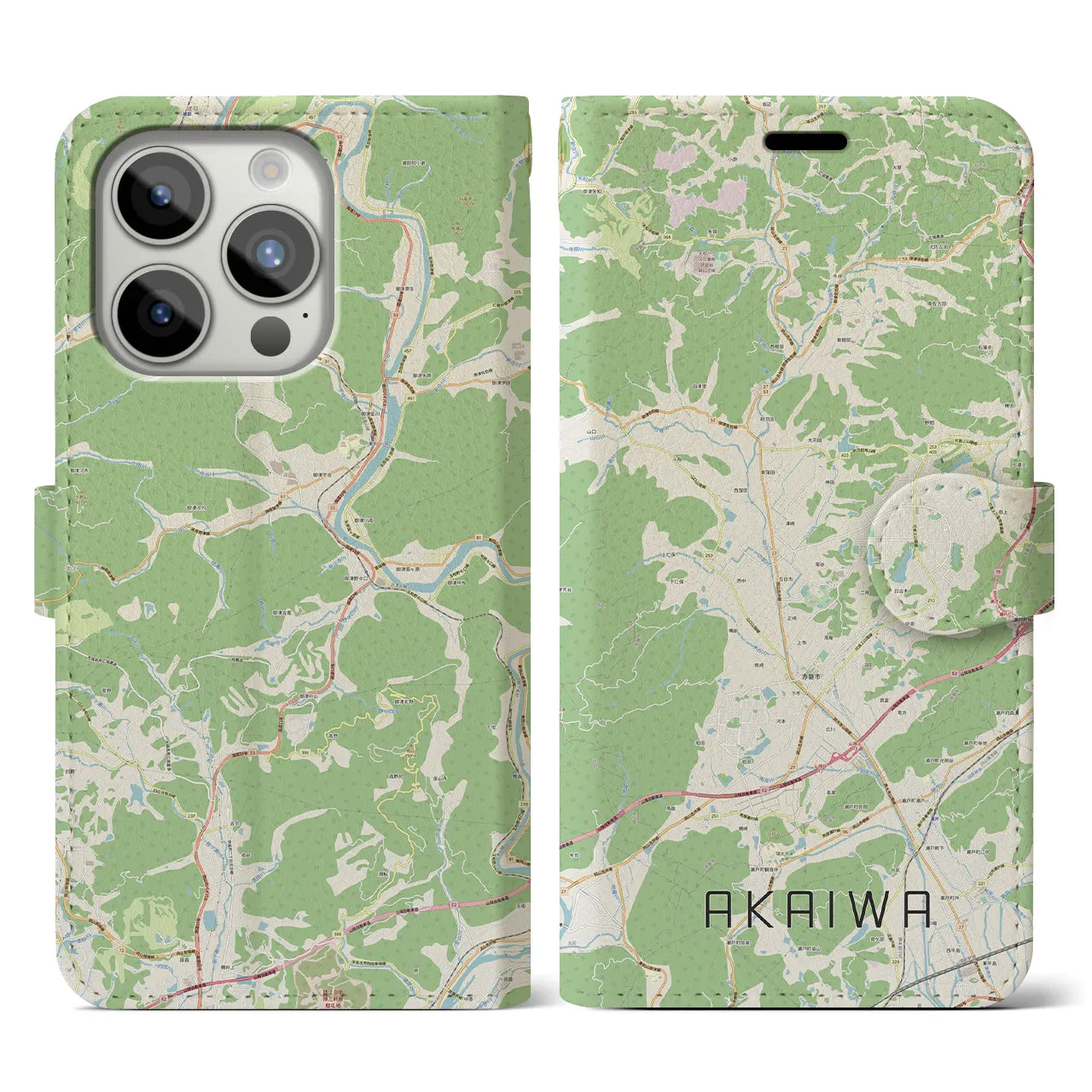 【赤磐(岡山県)】地図柄iPhoneケース(手帳タイプ)ナチュラル・iPhone 15 Pro 用