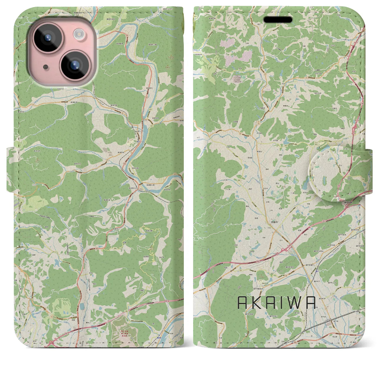 【赤磐(岡山県)】地図柄iPhoneケース(手帳タイプ)ナチュラル・iPhone 15 Plus 用