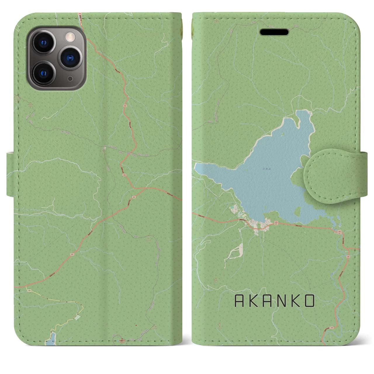 【阿寒湖(北海道)】地図柄iPhoneケース(手帳タイプ)ナチュラル・iPhone 11 Pro Max 用