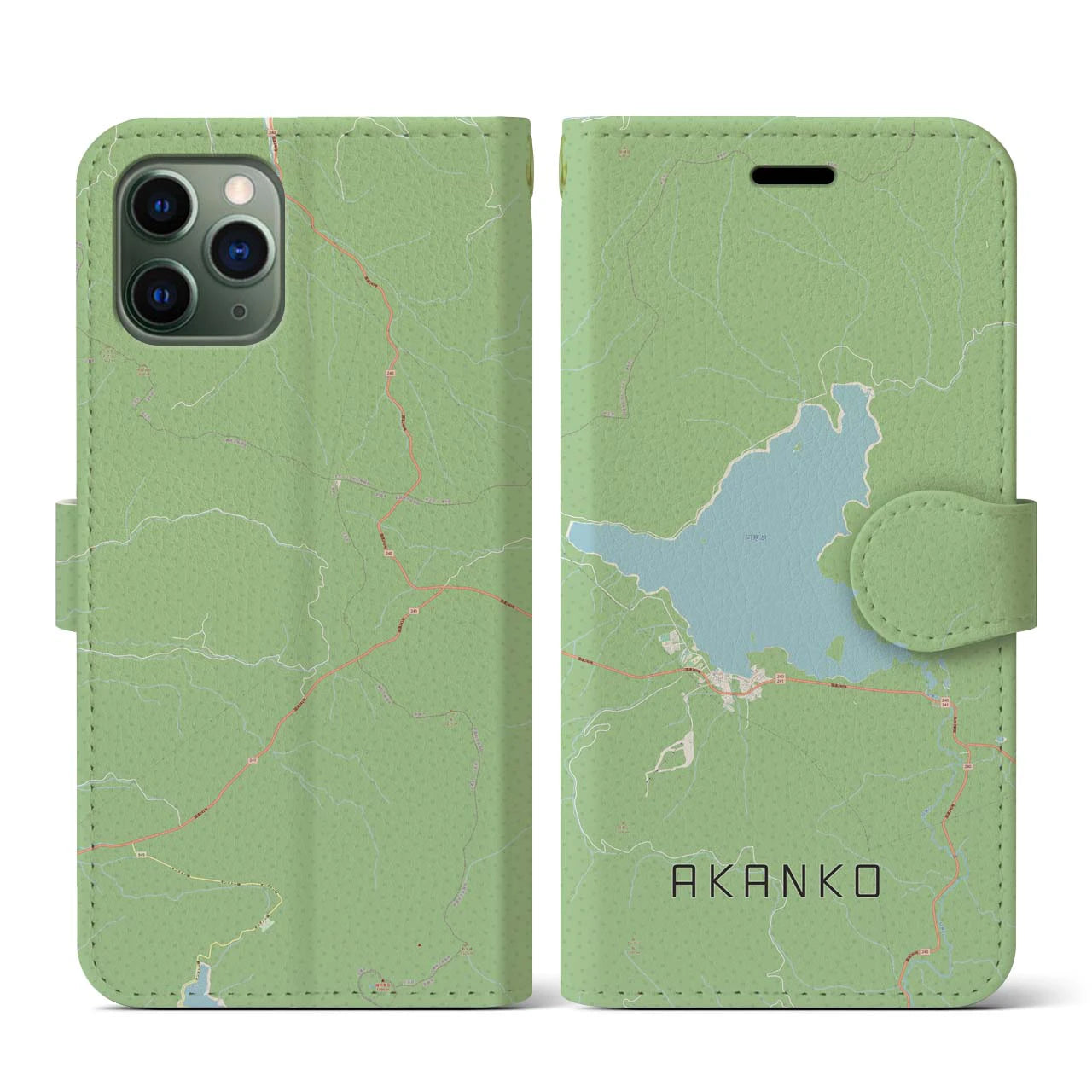 【阿寒湖(北海道)】地図柄iPhoneケース(手帳タイプ)ナチュラル・iPhone 11 Pro 用