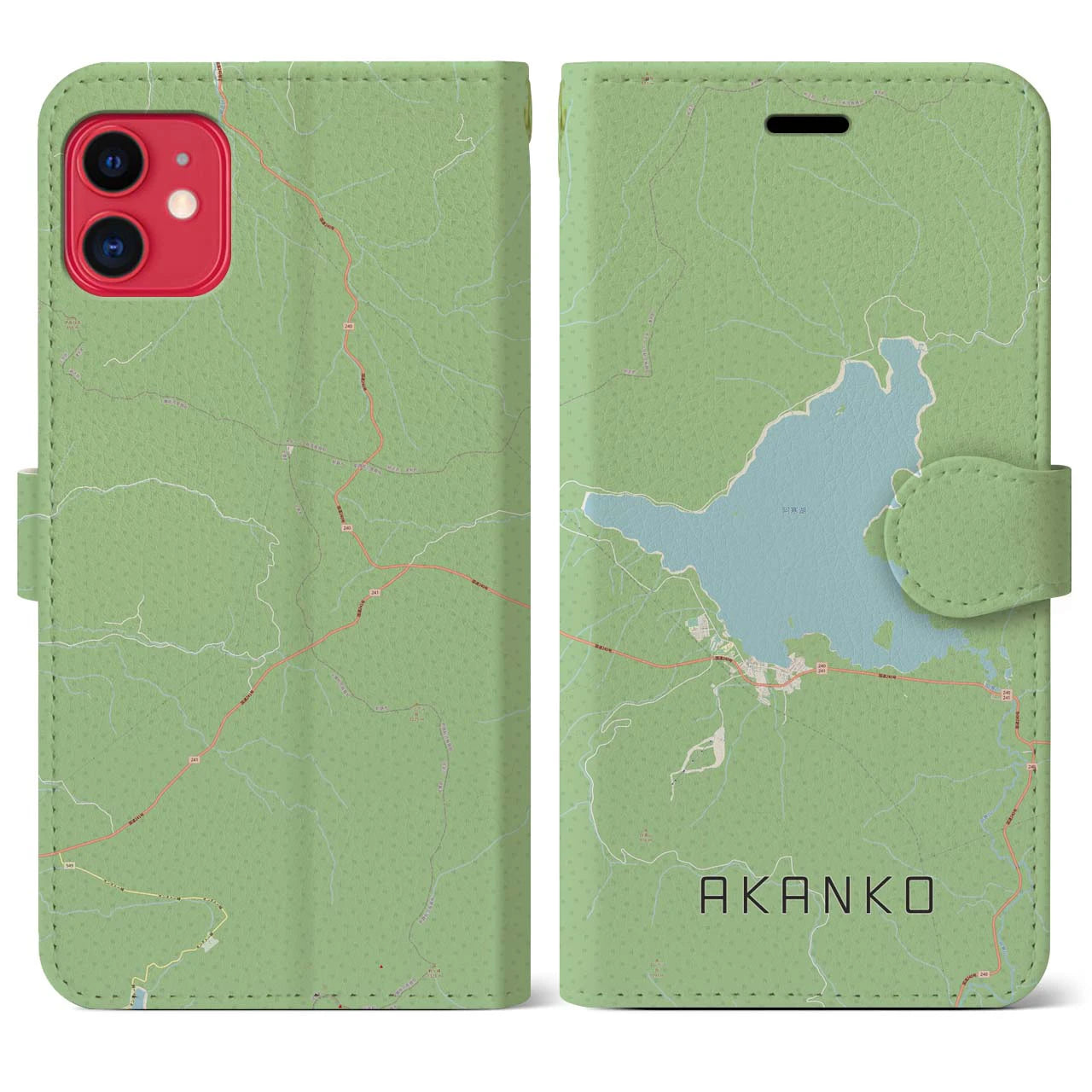 【阿寒湖(北海道)】地図柄iPhoneケース(手帳タイプ)ナチュラル・iPhone 11 用