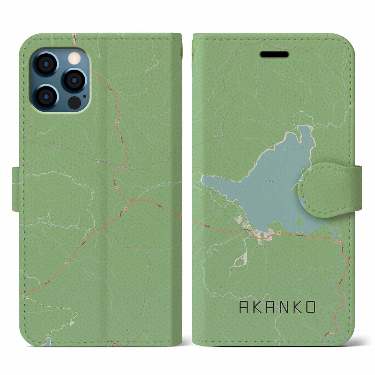 【阿寒湖(北海道)】地図柄iPhoneケース(手帳タイプ)ナチュラル・iPhone 12 / 12 Pro 用
