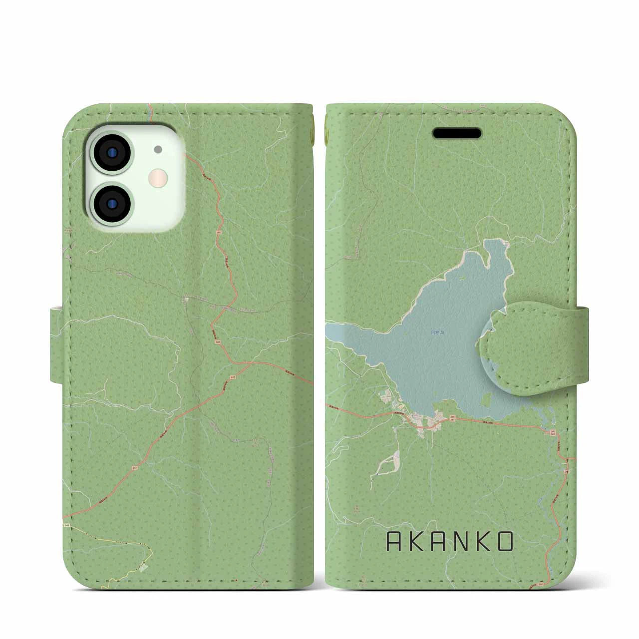 【阿寒湖(北海道)】地図柄iPhoneケース(手帳タイプ)ナチュラル・iPhone 12 mini 用
