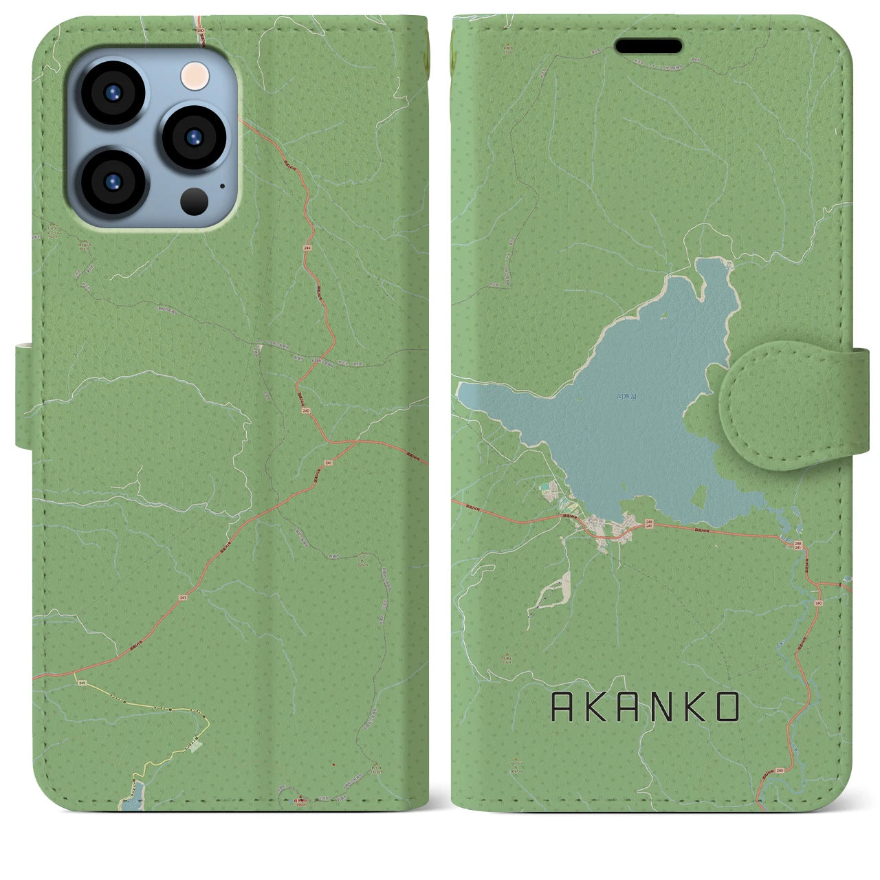 【阿寒湖(北海道)】地図柄iPhoneケース(手帳タイプ)ナチュラル・iPhone 13 Pro Max 用