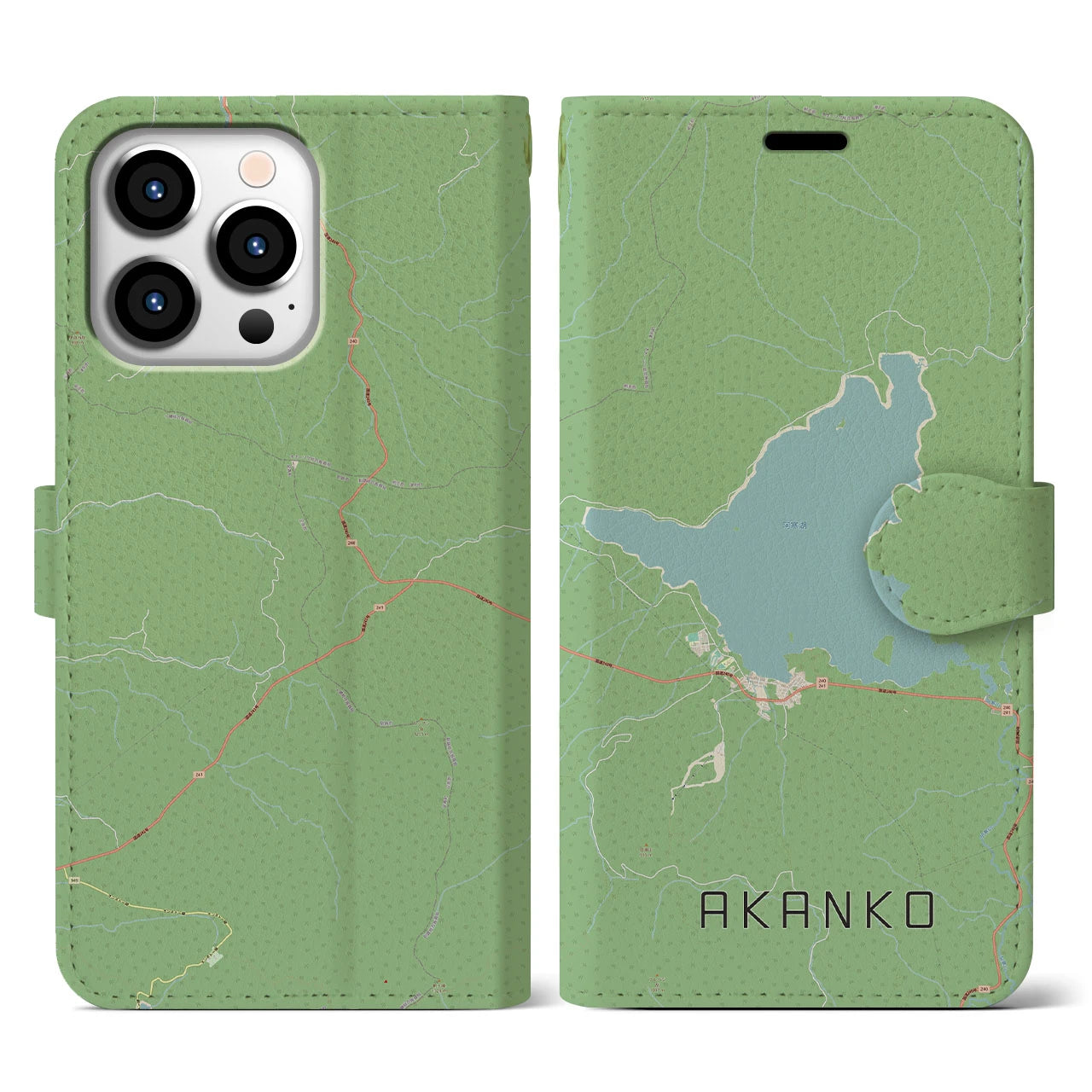 【阿寒湖(北海道)】地図柄iPhoneケース(手帳タイプ)ナチュラル・iPhone 13 Pro 用