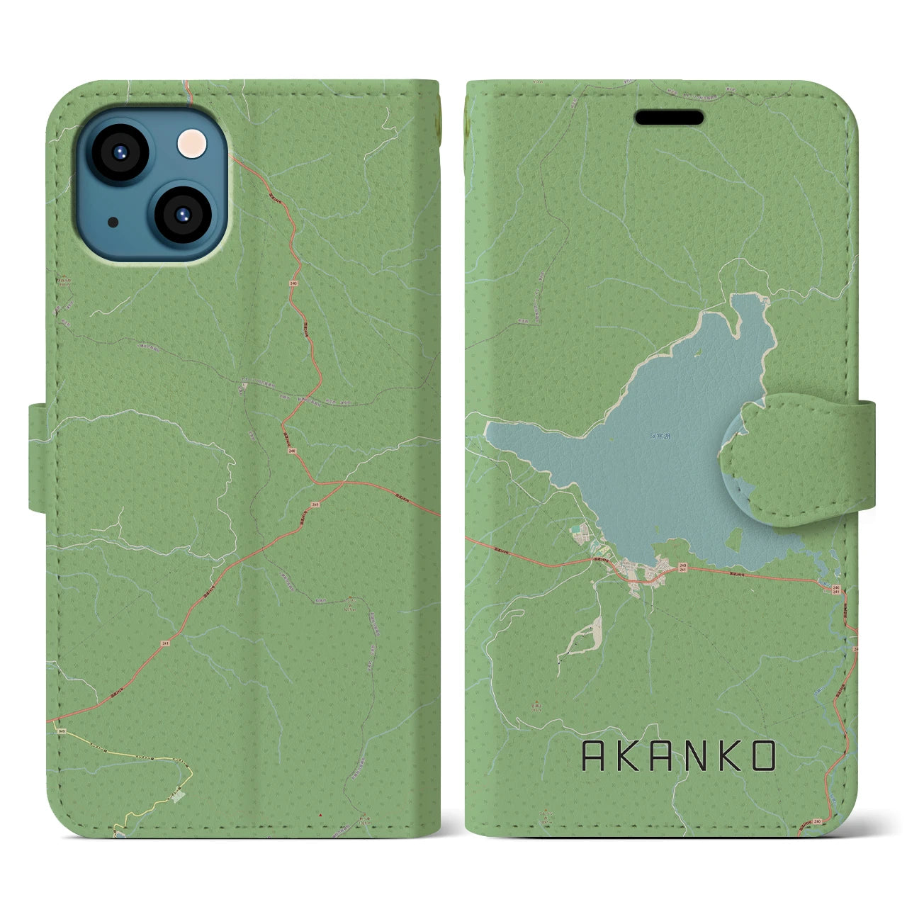 【阿寒湖(北海道)】地図柄iPhoneケース(手帳タイプ)ナチュラル・iPhone 13 用