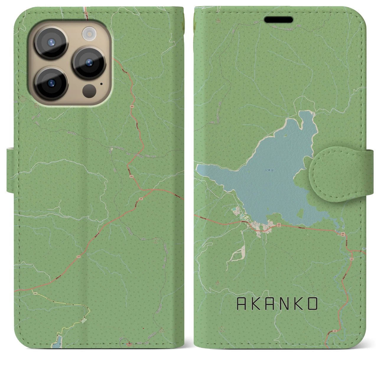 【阿寒湖(北海道)】地図柄iPhoneケース(手帳タイプ)ナチュラル・iPhone 14 Pro Max 用