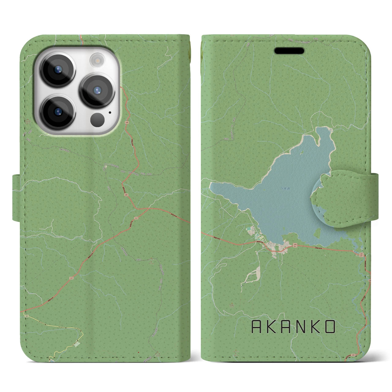 【阿寒湖(北海道)】地図柄iPhoneケース(手帳タイプ)ナチュラル・iPhone 14 Pro 用