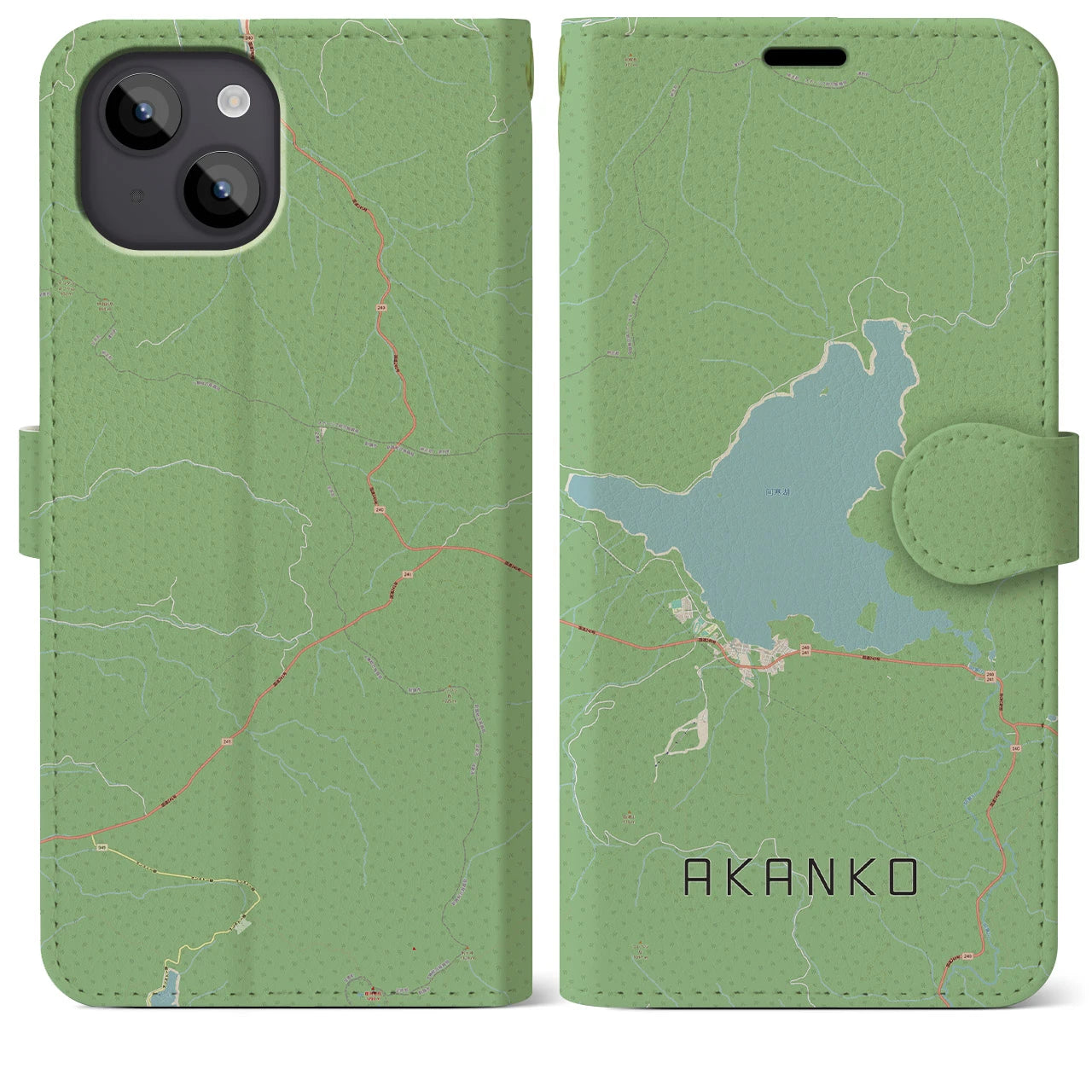 【阿寒湖(北海道)】地図柄iPhoneケース(手帳タイプ)ナチュラル・iPhone 14 Plus 用