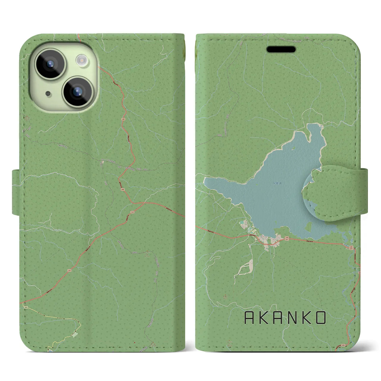 【阿寒湖(北海道)】地図柄iPhoneケース(手帳タイプ)ナチュラル・iPhone 15 用
