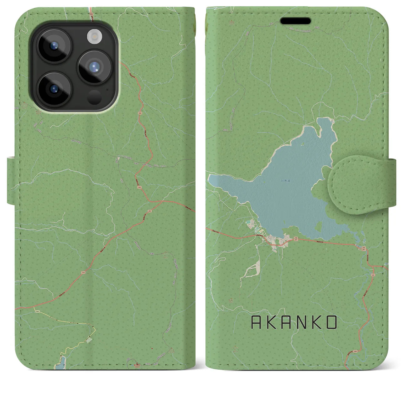 【阿寒湖(北海道)】地図柄iPhoneケース(手帳タイプ)ナチュラル・iPhone 15 Pro Max 用