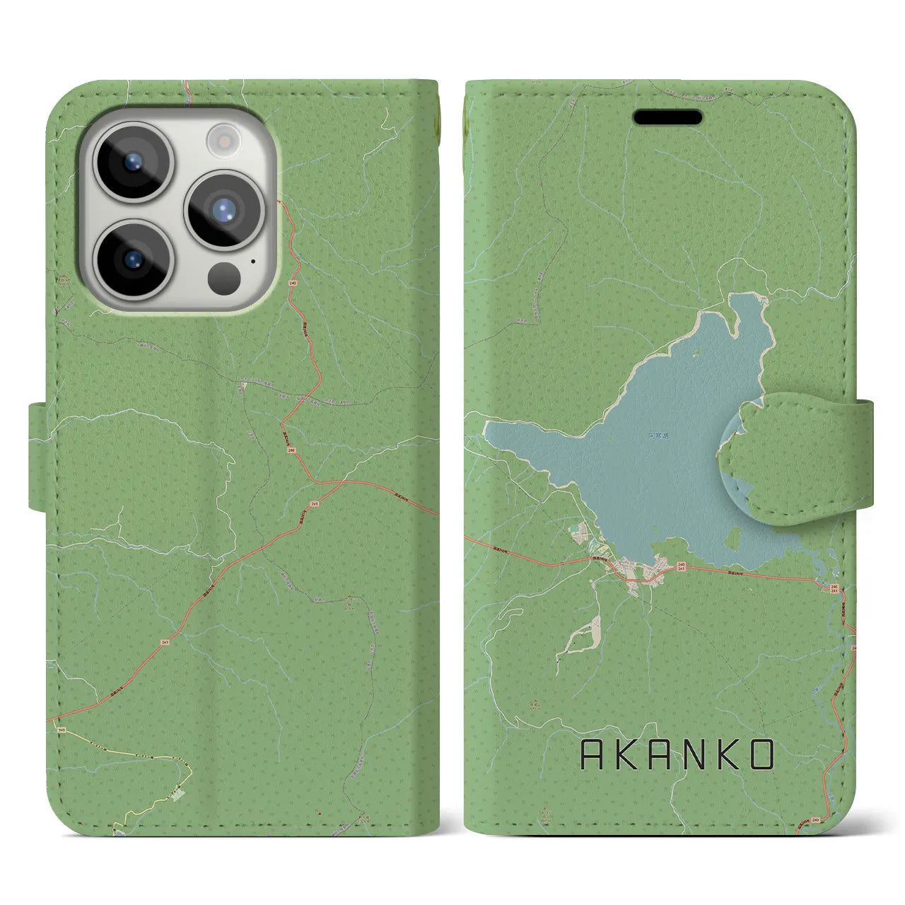 【阿寒湖(北海道)】地図柄iPhoneケース(手帳タイプ)ナチュラル・iPhone 15 Pro 用