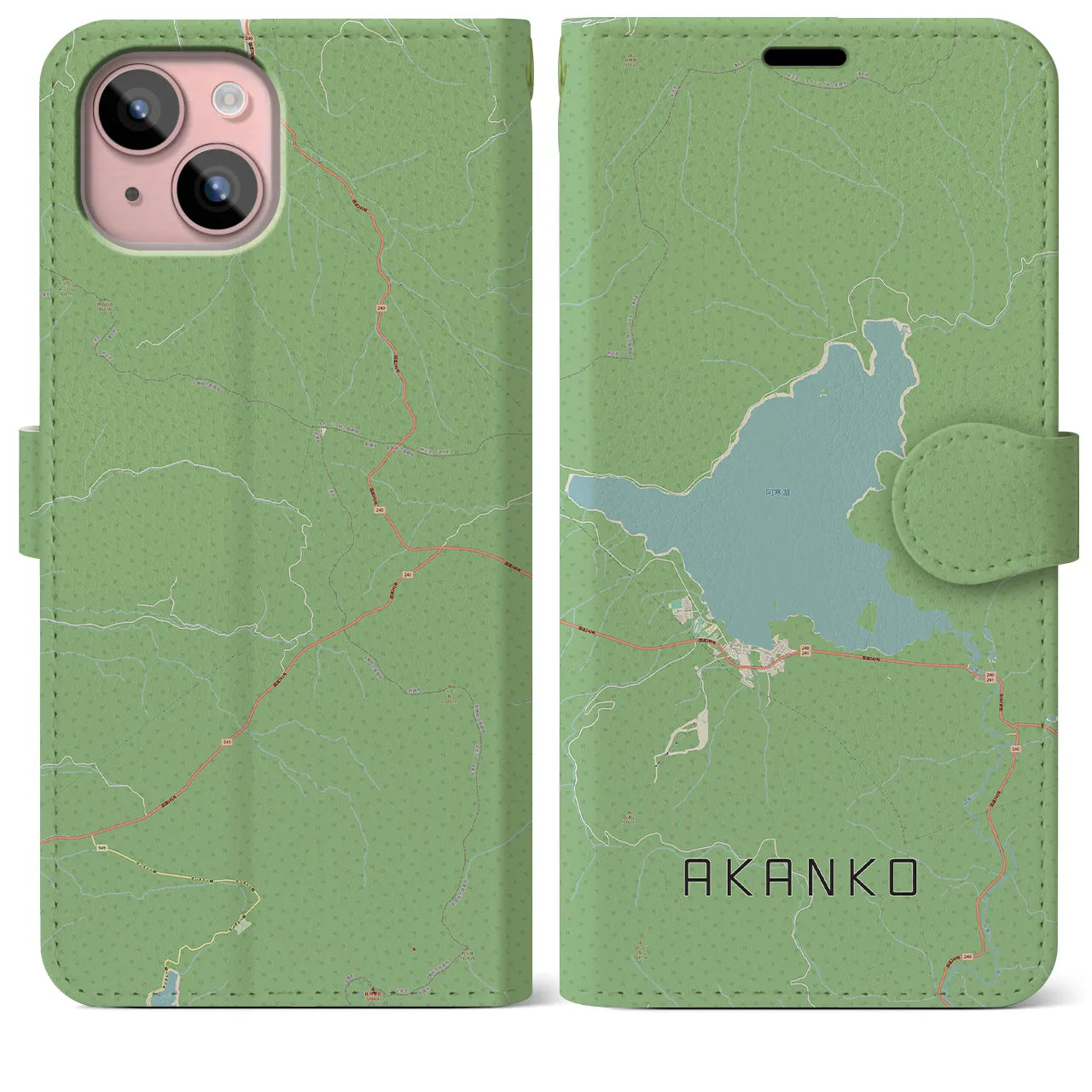 【阿寒湖(北海道)】地図柄iPhoneケース(手帳タイプ)ナチュラル・iPhone 15 Plus 用