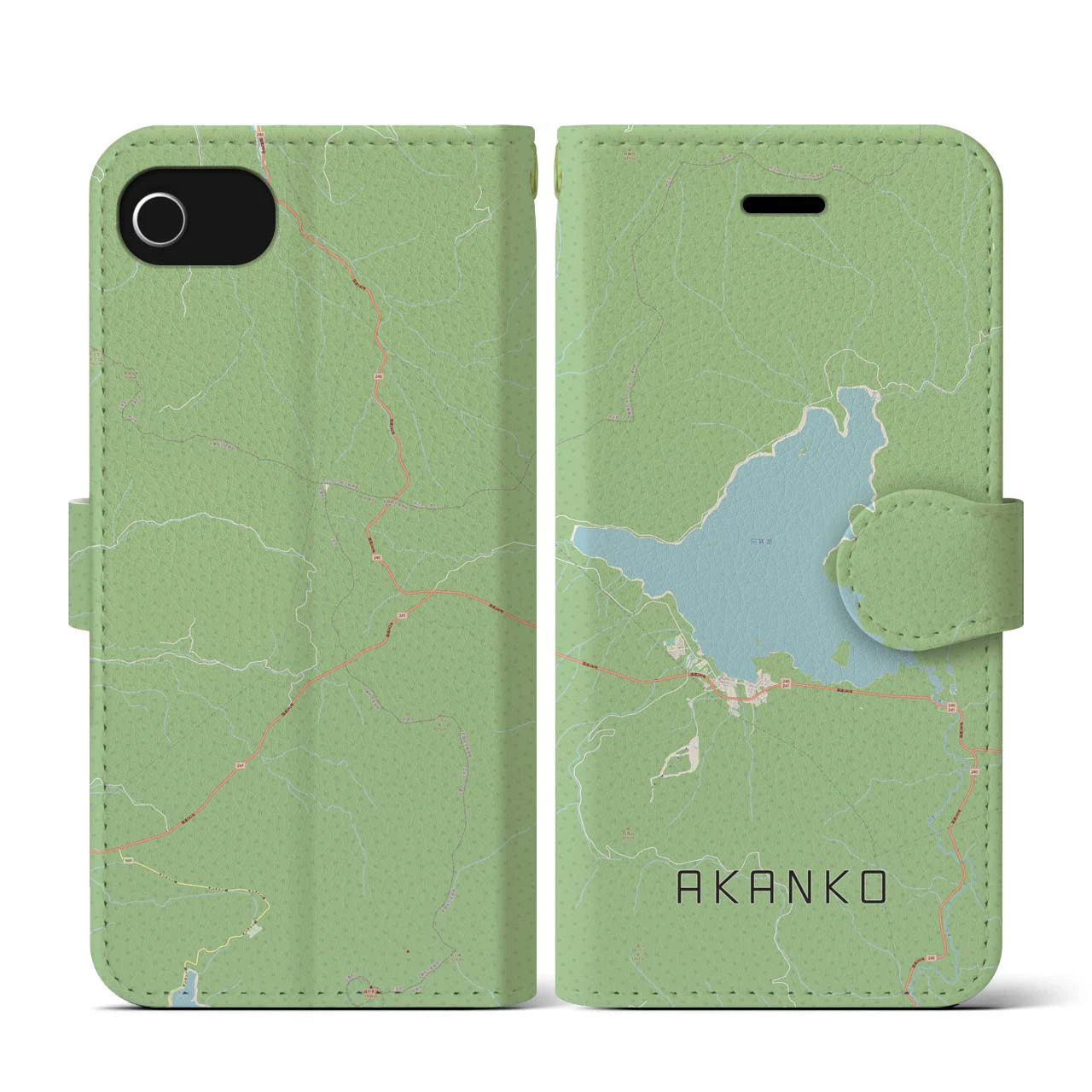 【阿寒湖(北海道)】地図柄iPhoneケース(手帳タイプ)ナチュラル・iPhone SE(第3 / 第2世代) / 8 / 7 / 6s / 6 用
