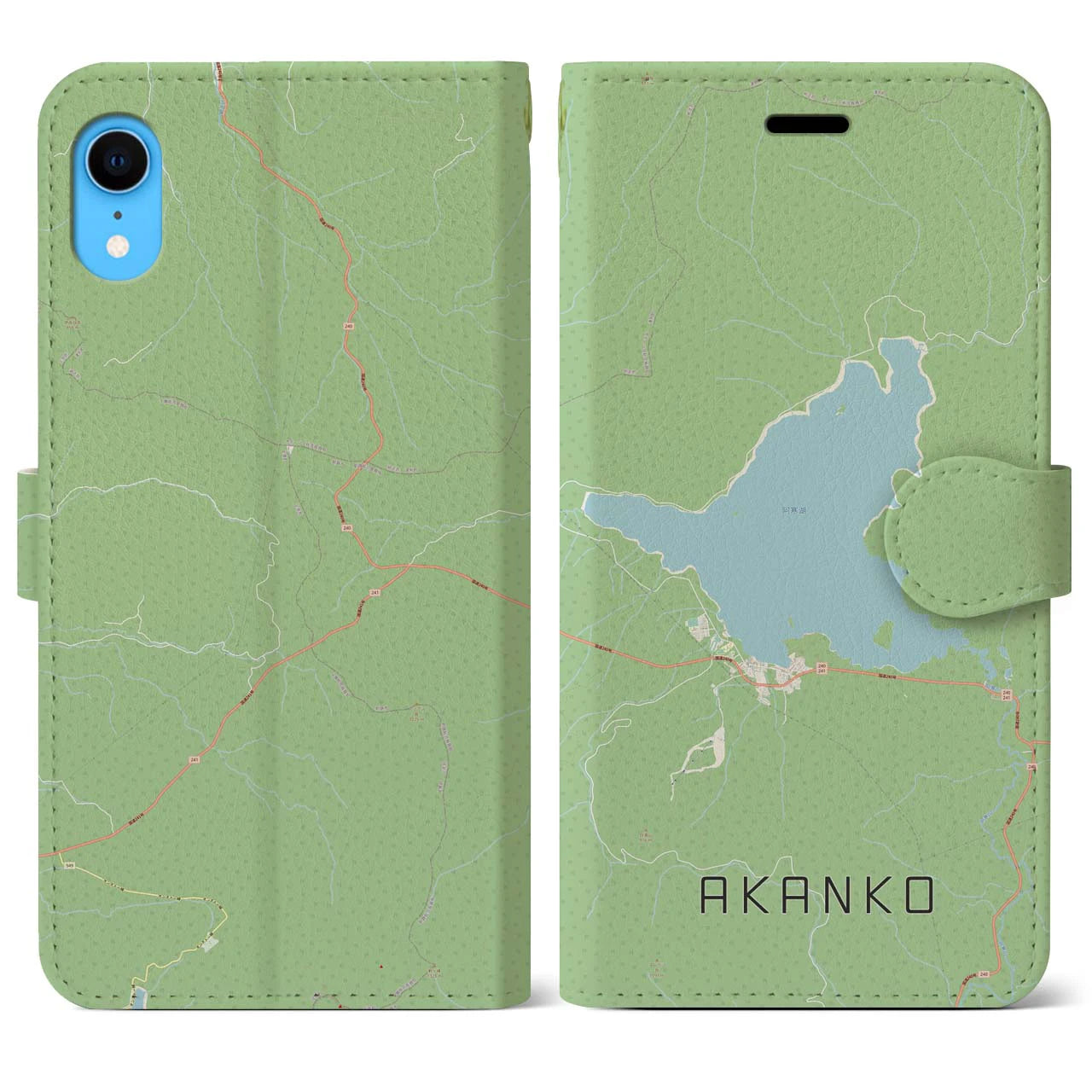 【阿寒湖(北海道)】地図柄iPhoneケース(手帳タイプ)ナチュラル・iPhone XR 用