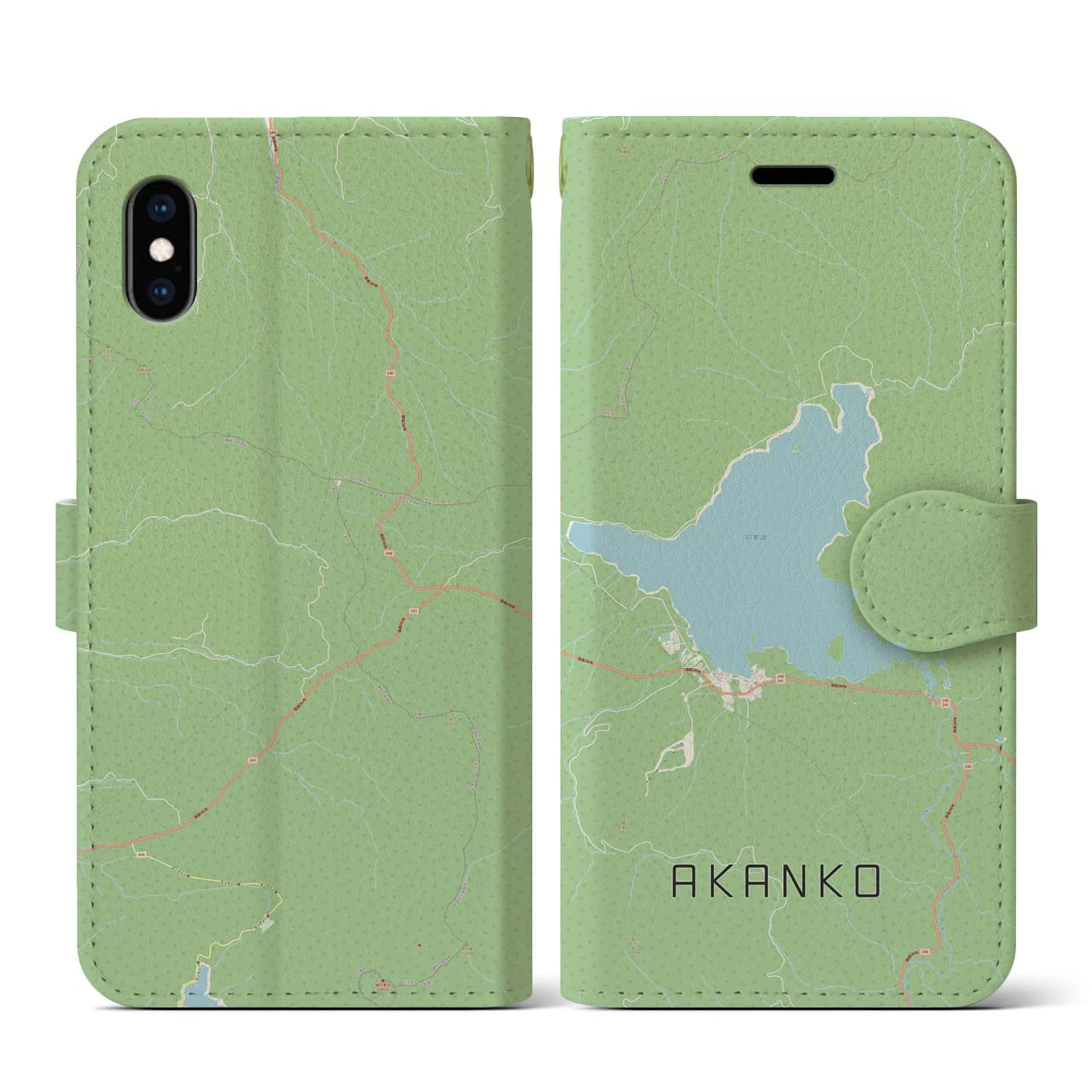 【阿寒湖(北海道)】地図柄iPhoneケース(手帳タイプ)ナチュラル・iPhone XS / X 用