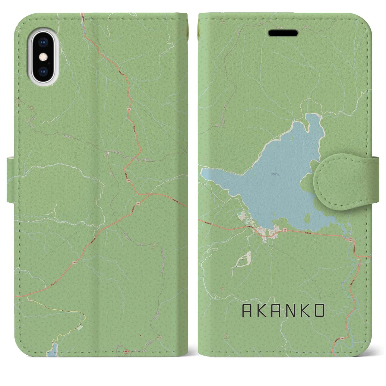 【阿寒湖(北海道)】地図柄iPhoneケース(手帳タイプ)ナチュラル・iPhone XS Max 用