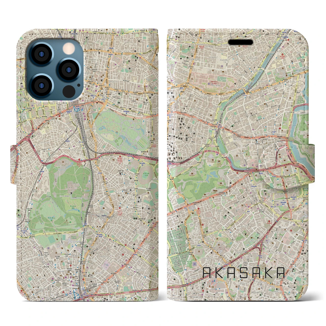 【赤坂(東京都)】地図柄iPhoneケース(手帳タイプ)ナチュラル・iPhone 12 / 12 Pro 用