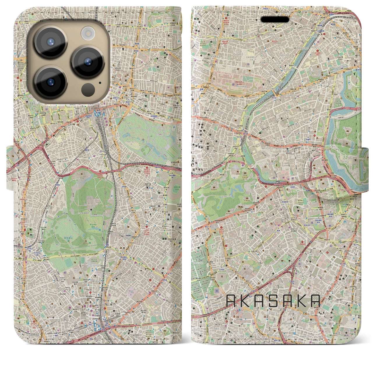 【赤坂(東京都)】地図柄iPhoneケース(手帳タイプ)ナチュラル・iPhone 14 Pro Max 用
