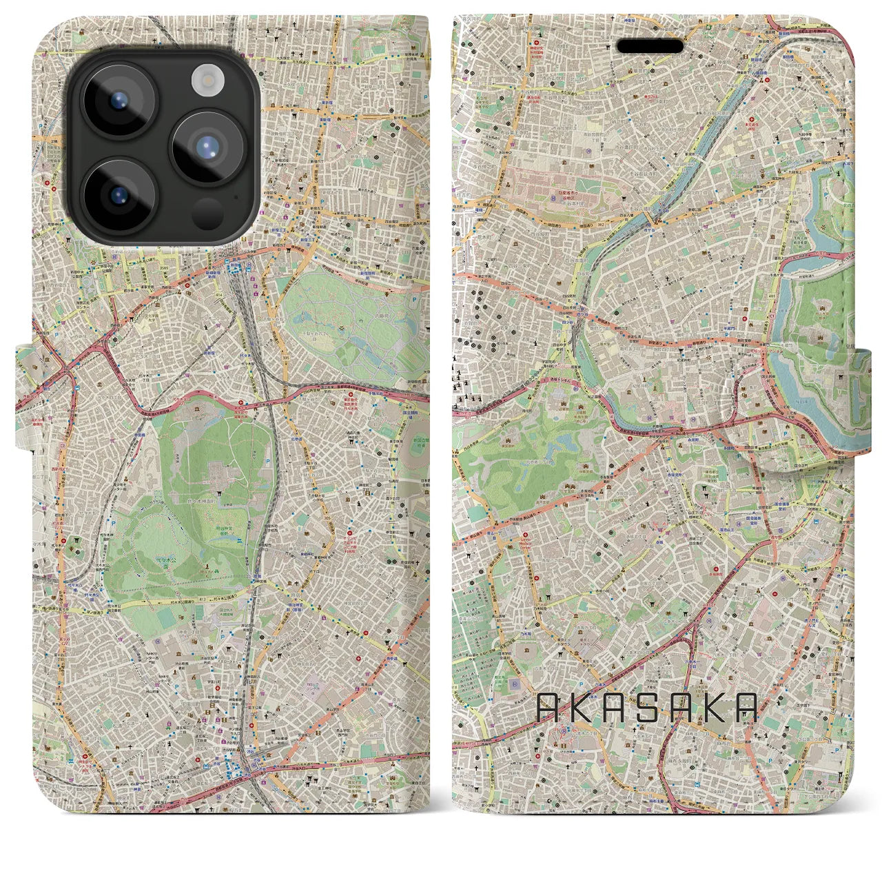 【赤坂(東京都)】地図柄iPhoneケース(手帳タイプ)ナチュラル・iPhone 15 Pro Max 用