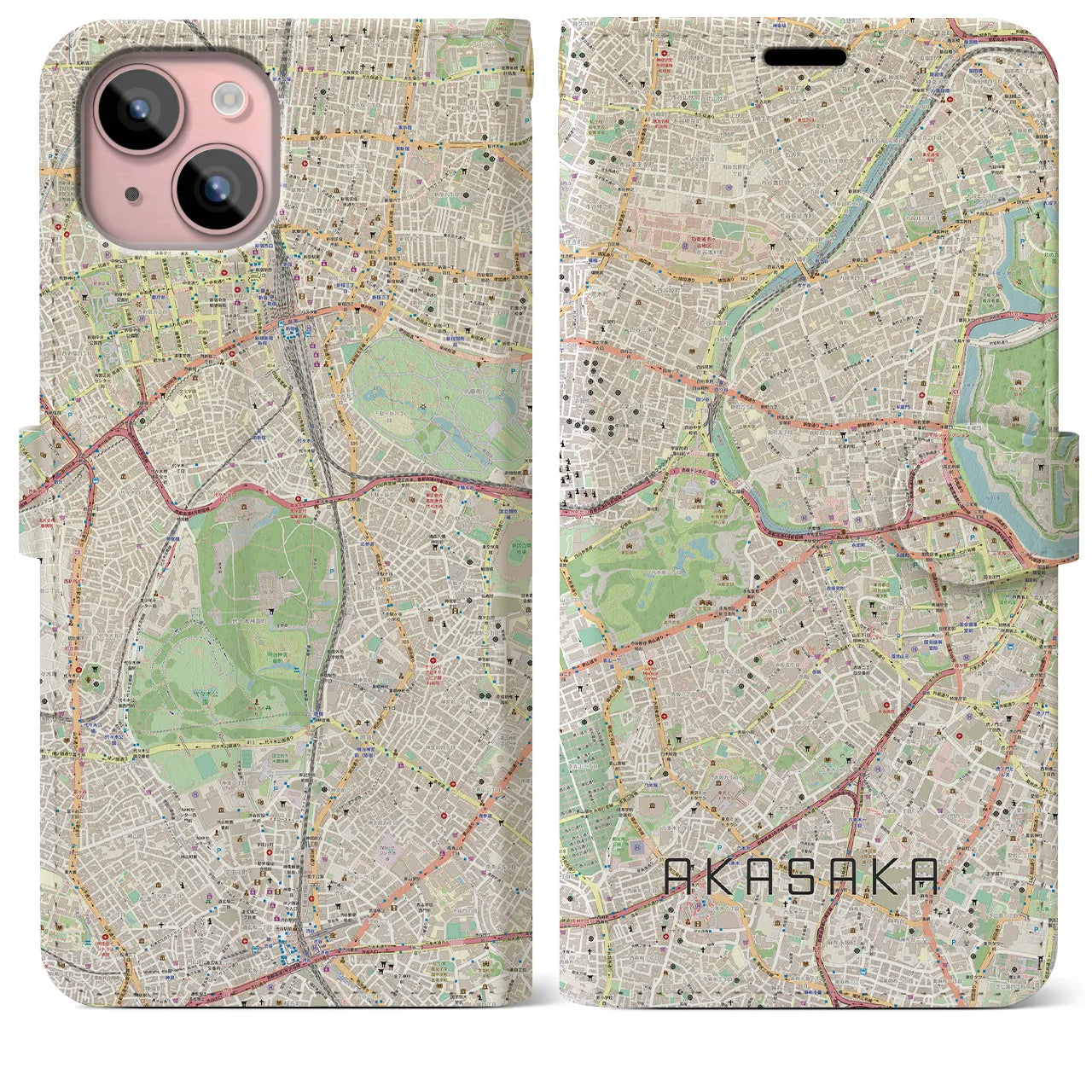 【赤坂(東京都)】地図柄iPhoneケース(手帳タイプ)ナチュラル・iPhone 15 Plus 用