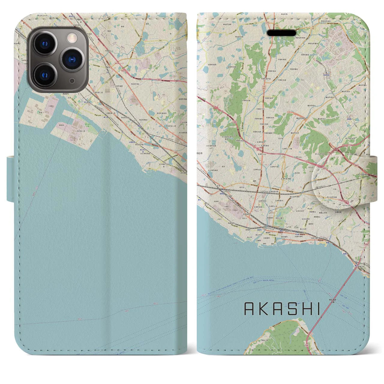 【明石(兵庫県)】地図柄iPhoneケース(手帳タイプ)ナチュラル・iPhone 11 Pro Max 用