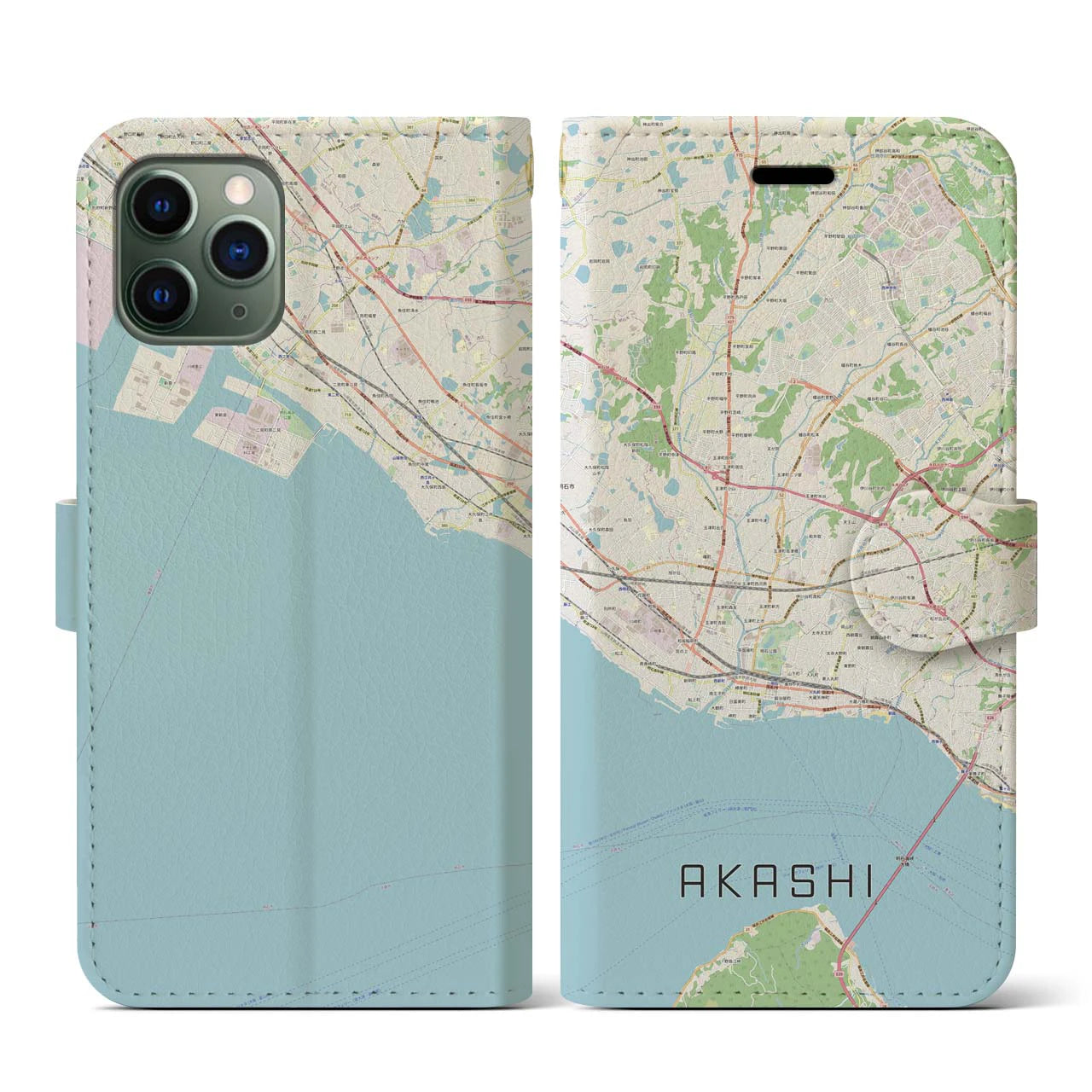 【明石(兵庫県)】地図柄iPhoneケース(手帳タイプ)ナチュラル・iPhone 11 Pro 用