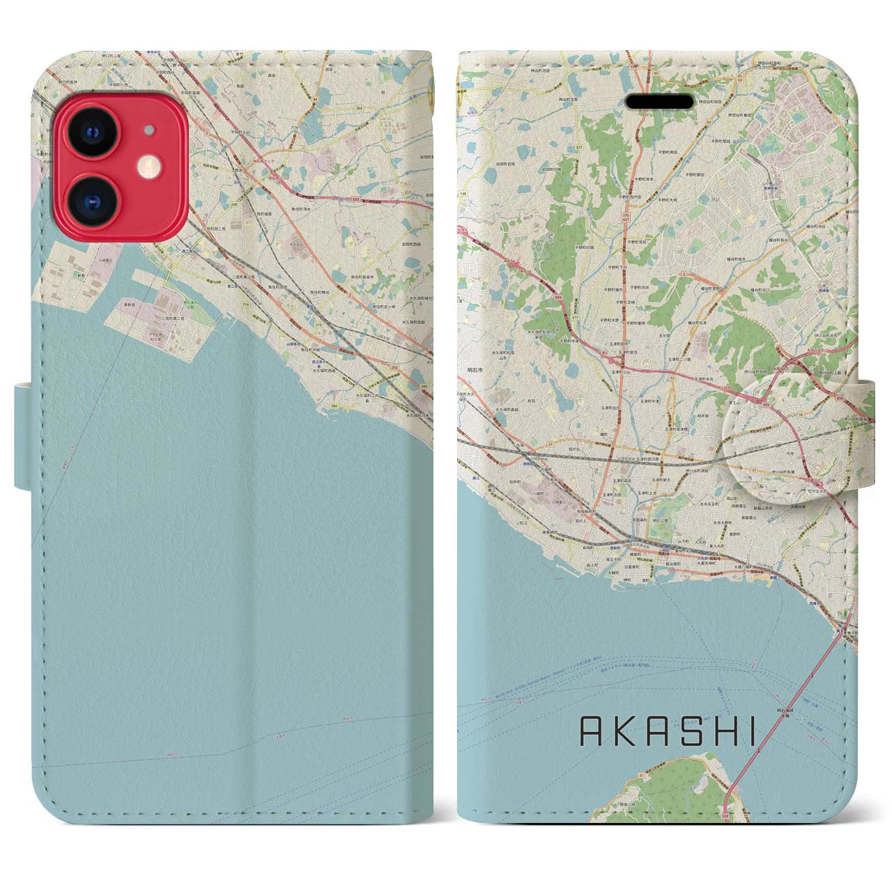 【明石(兵庫県)】地図柄iPhoneケース(手帳タイプ)ナチュラル・iPhone 11 用
