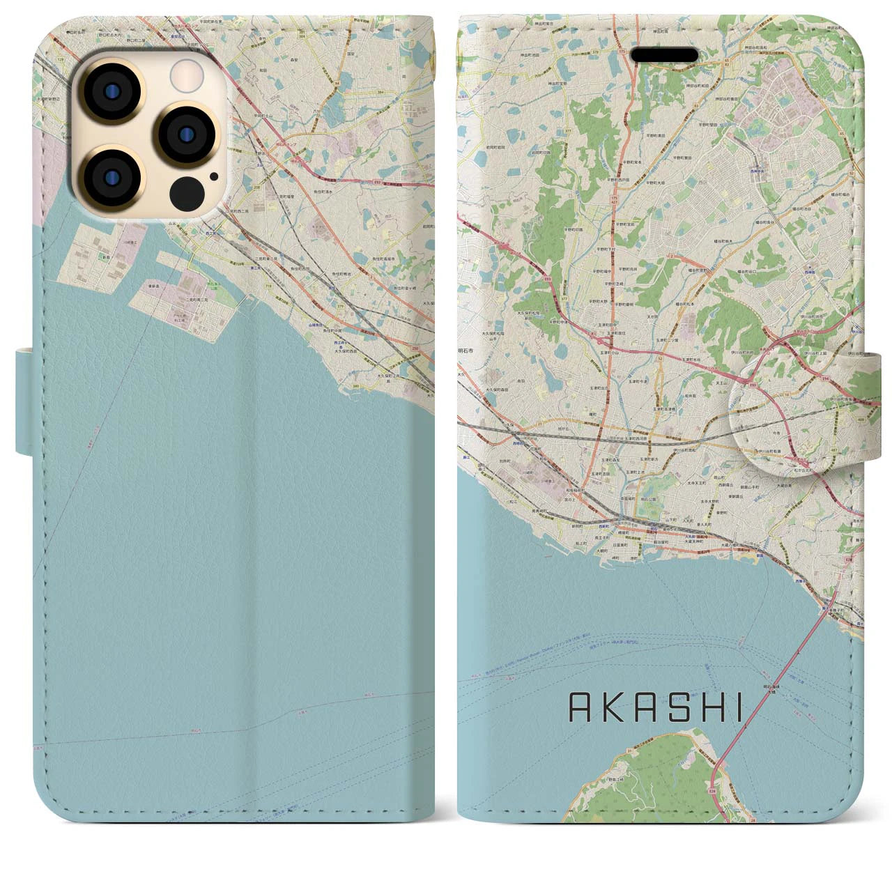 【明石(兵庫県)】地図柄iPhoneケース(手帳タイプ)ナチュラル・iPhone 12 Pro Max 用