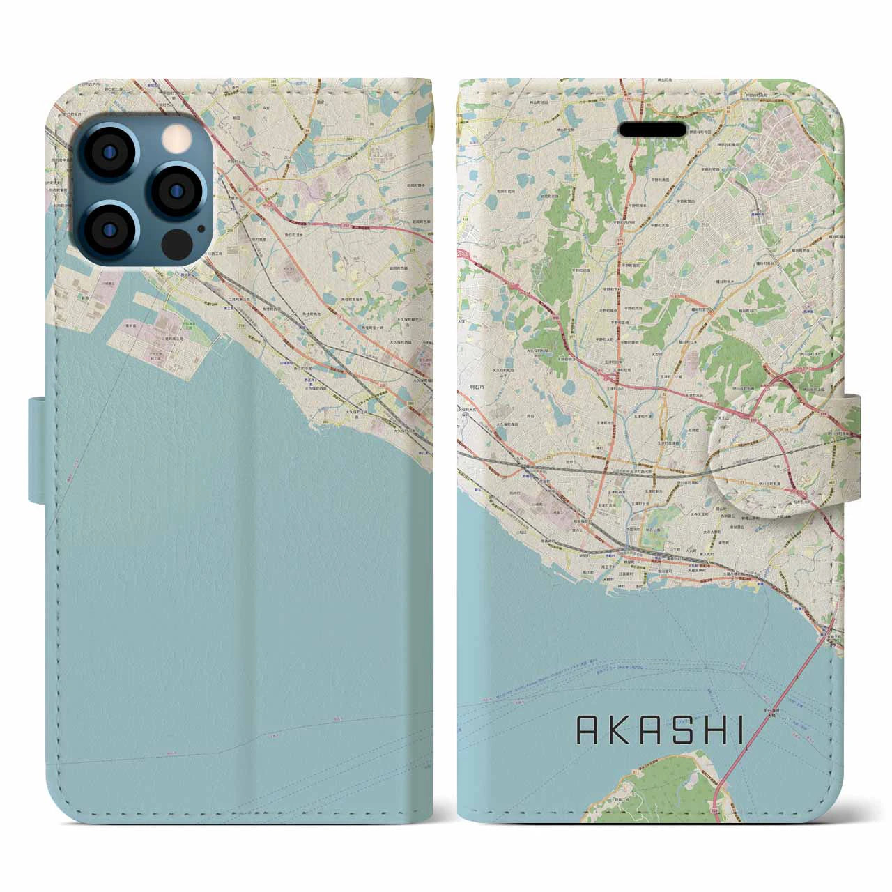 【明石(兵庫県)】地図柄iPhoneケース(手帳タイプ)ナチュラル・iPhone 12 / 12 Pro 用
