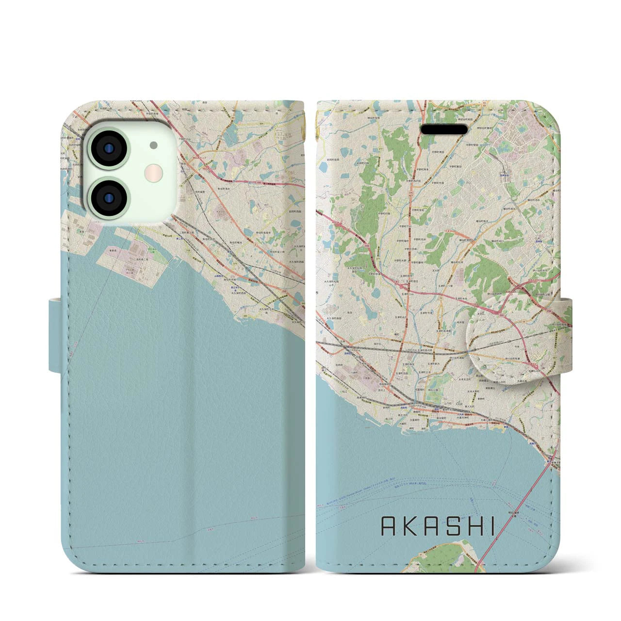 【明石(兵庫県)】地図柄iPhoneケース(手帳タイプ)ナチュラル・iPhone 12 mini 用
