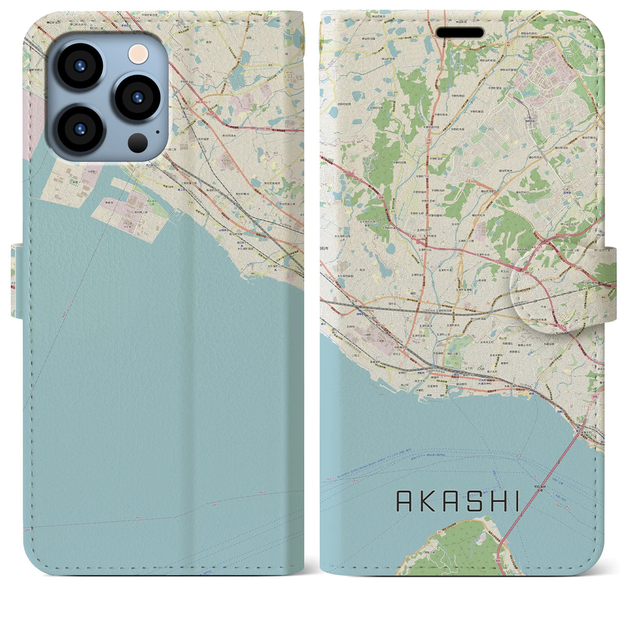【明石(兵庫県)】地図柄iPhoneケース(手帳タイプ)ナチュラル・iPhone 13 Pro Max 用