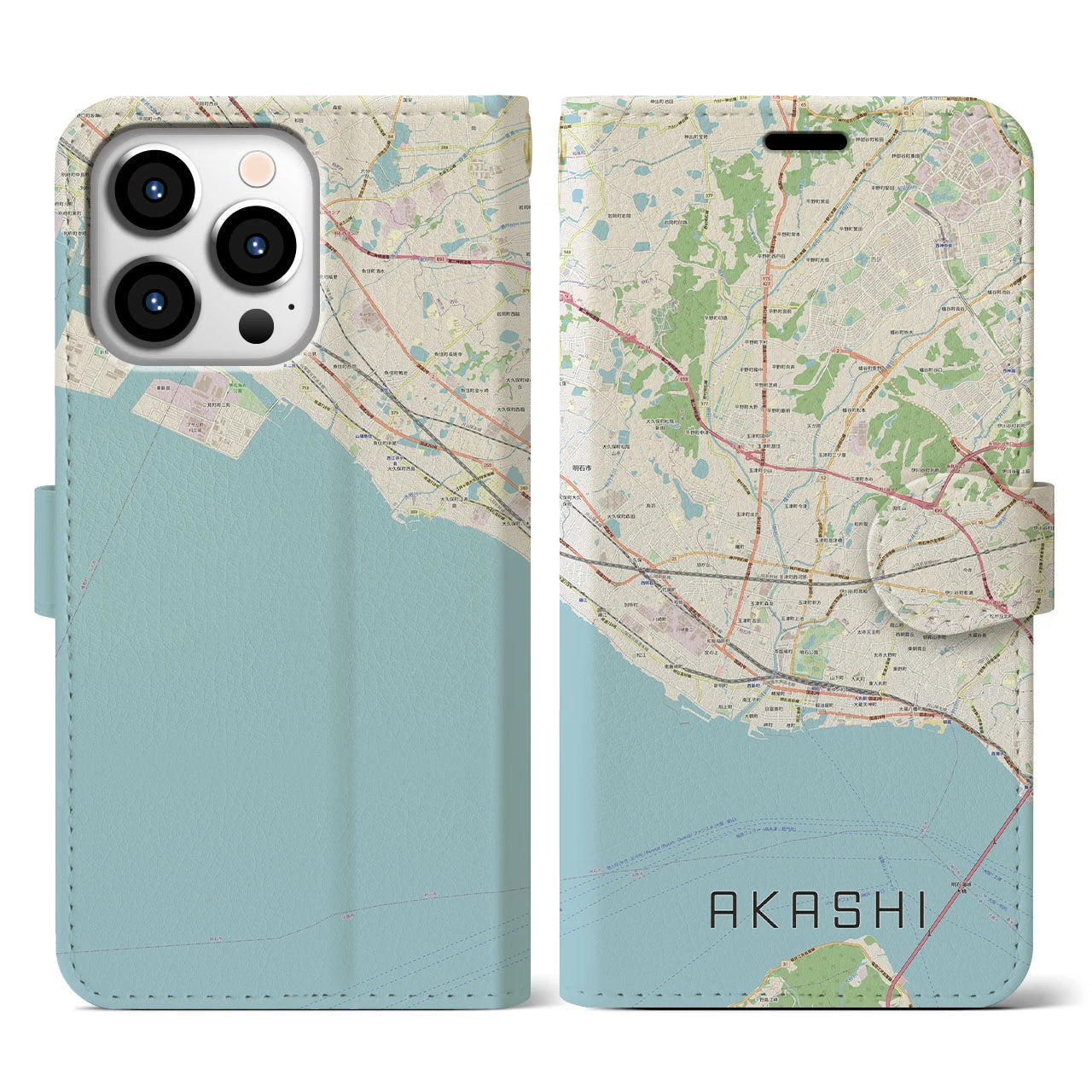 【明石(兵庫県)】地図柄iPhoneケース(手帳タイプ)ナチュラル・iPhone 13 Pro 用