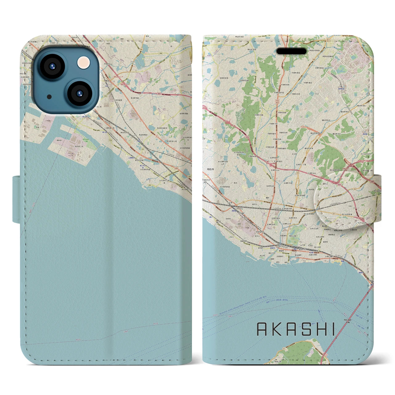 【明石(兵庫県)】地図柄iPhoneケース(手帳タイプ)ナチュラル・iPhone 13 用