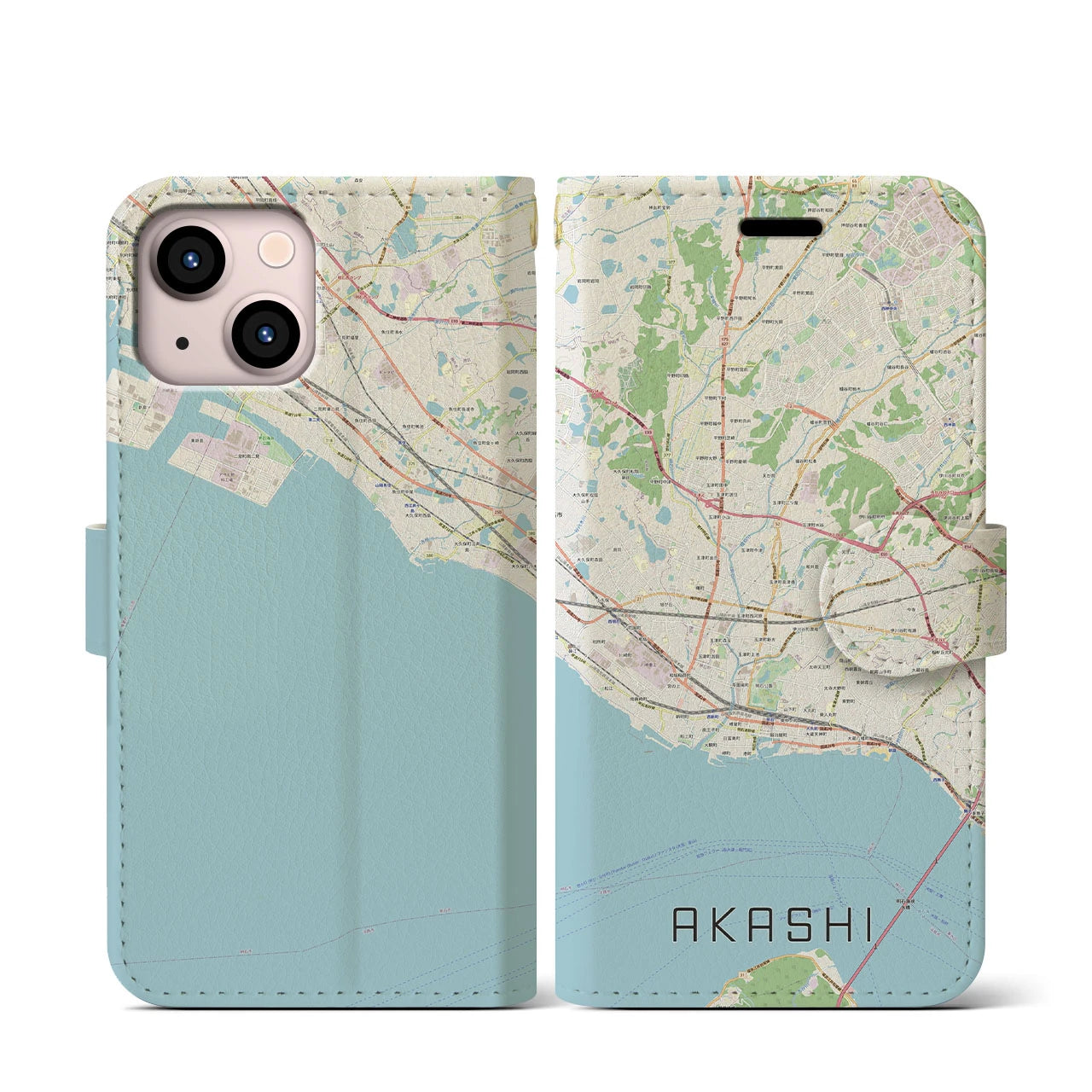 【明石(兵庫県)】地図柄iPhoneケース(手帳タイプ)ナチュラル・iPhone 13 mini 用