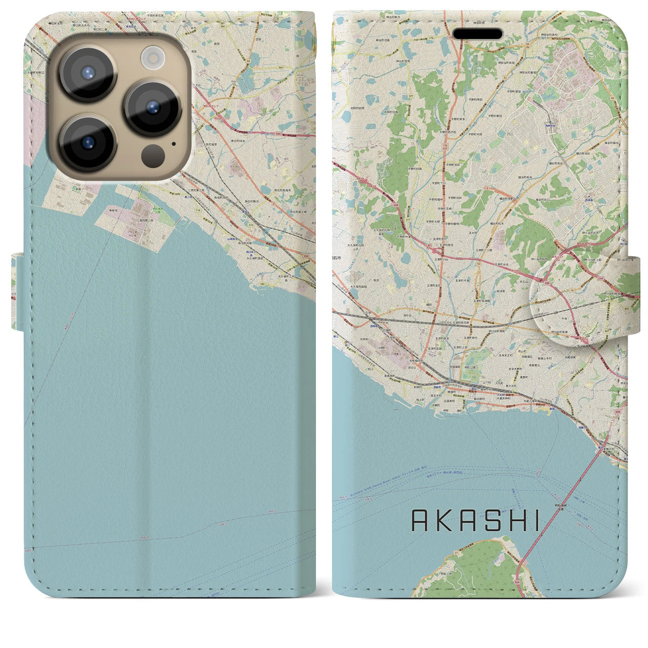 【明石(兵庫県)】地図柄iPhoneケース(手帳タイプ)ナチュラル・iPhone 14 Pro Max 用